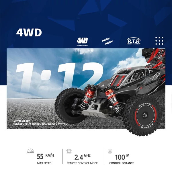 WLtoys 124010 távirányítós 1/12 2,4 GHz 55 km/h sebességű terepjáró autó - Fekete, 3 akkumulátor