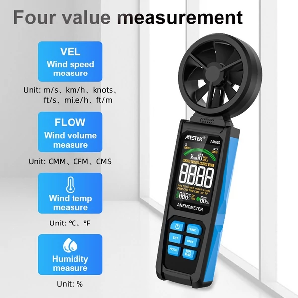 Kézi, nagy pontosságú, duplacsapágyas 8 lapátos ventilátoros digitális szélmérő LCD háttérvilágítású színes kijelzővel