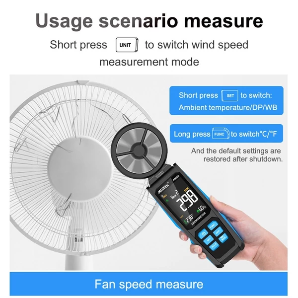 Kézi, nagy pontosságú, duplacsapágyas 8 lapátos ventilátoros digitális szélmérő LCD háttérvilágítású színes kijelzővel