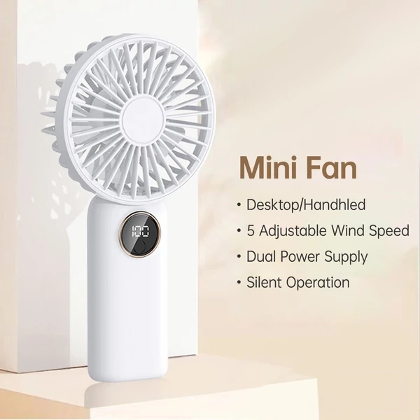 Hordozható mini kézi elektromos ventilátor, támogatja az 5 állítható szélsebességet - Fehér