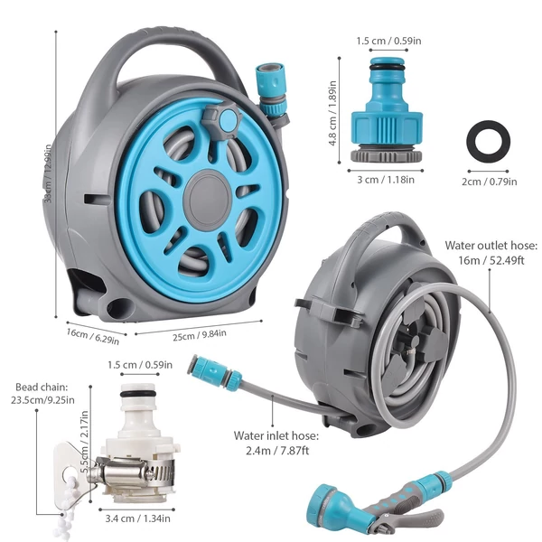 Behúzható kerti tömlő orsó állítható 7 funkciós permetező fúvókával / adapterekkel - Kék, 16 m