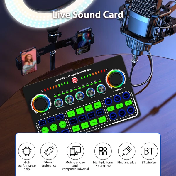 X50 élő hangkártya hangkeverő felvétel, asztali ének BT tápegység OTG - Fekete