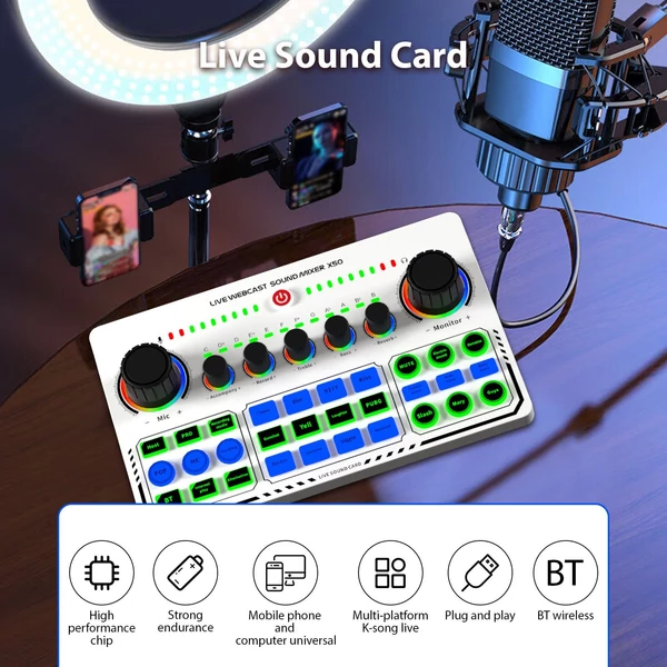 X50 élő hangkártya hangkeverő felvétel, asztali ének BT tápegység OTG - Fehér