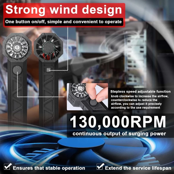 Kézi sugárhajtású ventilátor, 130 000 ford./perc, Erőteljes motoros csatornás turbóventilátor
