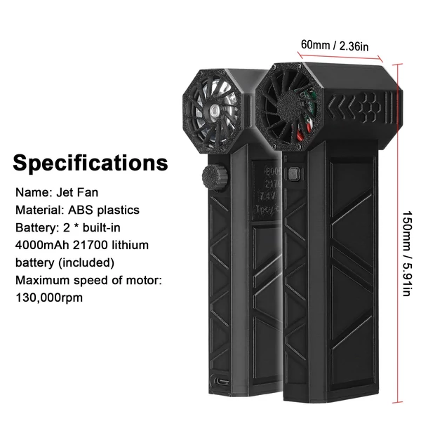 Kézi sugárhajtású ventilátor, 130 000 ford./perc, Erőteljes motoros csatornás turbóventilátor