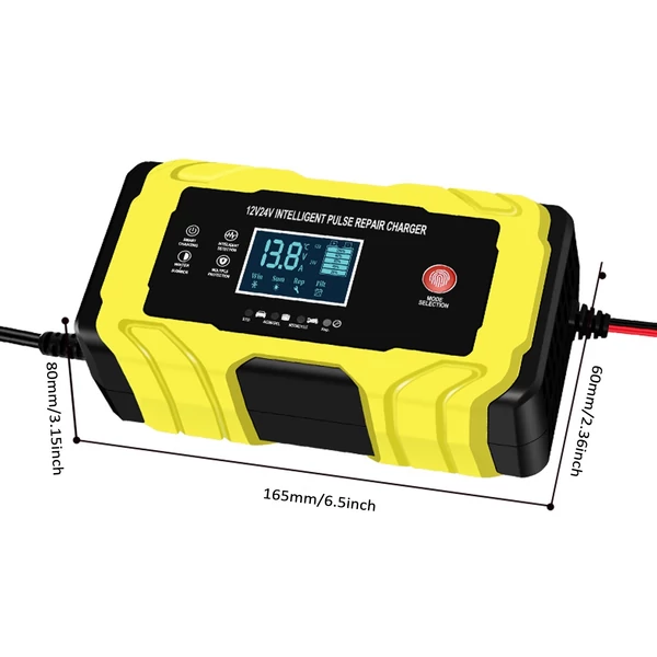 12V 24V 180W intelligens impulzusos javító töltő LCD kijelzővel, többszörös védelemmel/lángálló házzal - Sárga