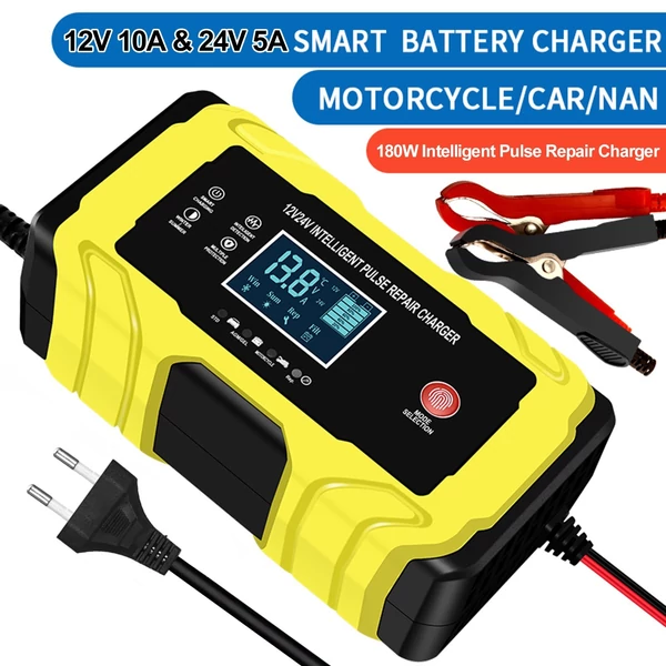 12V 24V 180W intelligens impulzusos javító töltő LCD kijelzővel, többszörös védelemmel/lángálló házzal - Sárga