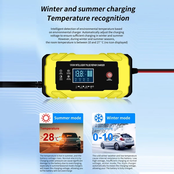 12V 24V 180W intelligens impulzusos javító töltő LCD kijelzővel, többszörös védelemmel/lángálló házzal - Sárga