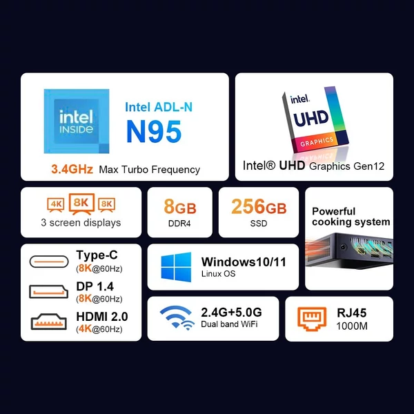 Erőteljes mini PC az Intel 12. generációs N95 processzorával, 8 GB DDR4 256 GB SSD 4K UHD grafikus kártyával