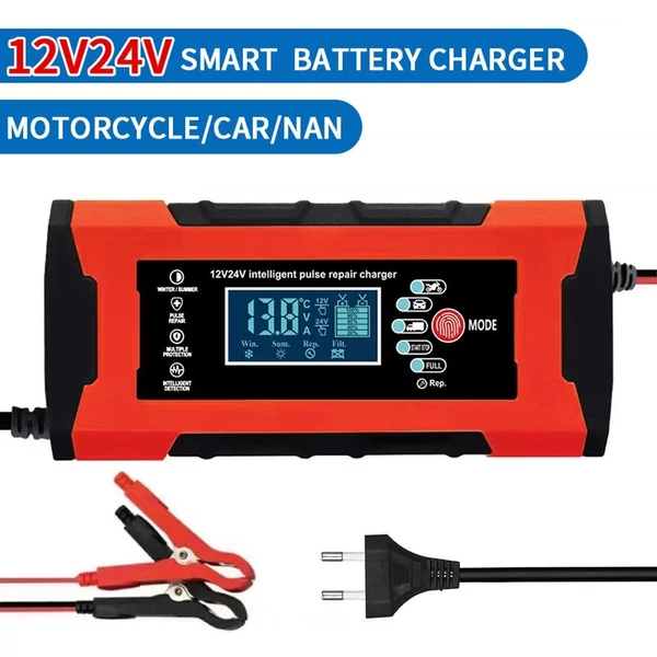 12V 24V 180W intelligens javító töltő LCD kijelzővel többszörös védelem/égésgátló ház AGM GEL - Piros