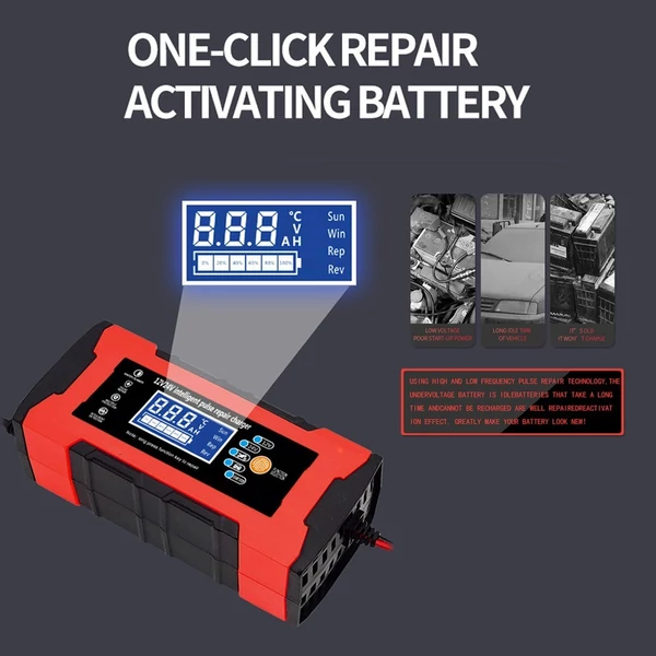 12V 24V 180W intelligens javító töltő LCD kijelzővel többszörös védelem/égésgátló ház AGM GEL - Piros