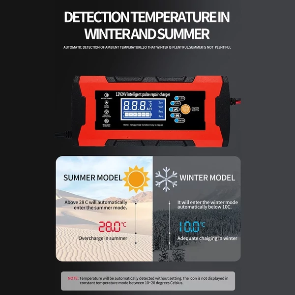 12V 24V 180W intelligens javító töltő LCD kijelzővel többszörös védelem/égésgátló ház AGM GEL - Piros
