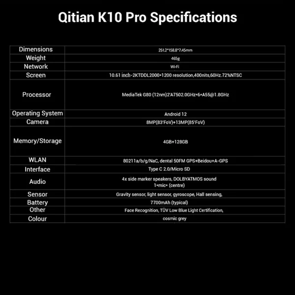 Lenovo Qitian K10 PRO Tablet 4GB+128GB 10,6 hüvelykes képernyő, Android12, BT5.0