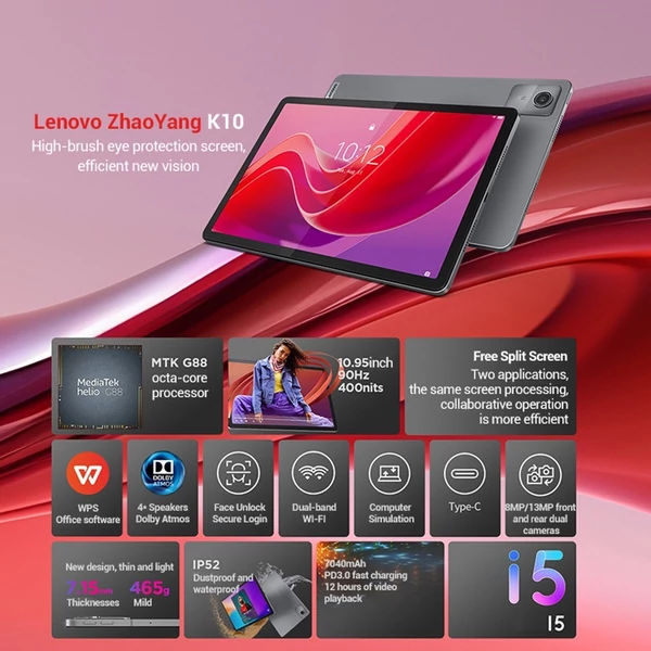 Lenovo ZhaoYang K10 Tablet 8 GB + 128 GB 10,95 hüvelykes 1920x1200 400 nits 90 Hz-es nagy tisztaságú képernyő