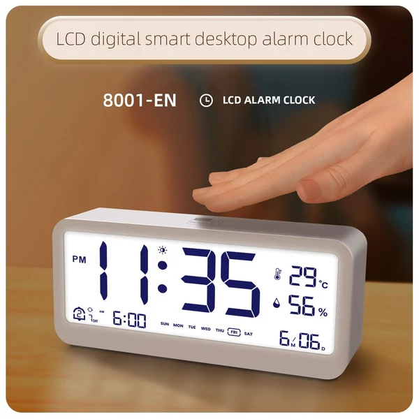 8001-EN Többfunkciós digitális óra LED fényerő, állítható hőmérséklet, páratartalom, kijelző ébresztőóra - Fekete