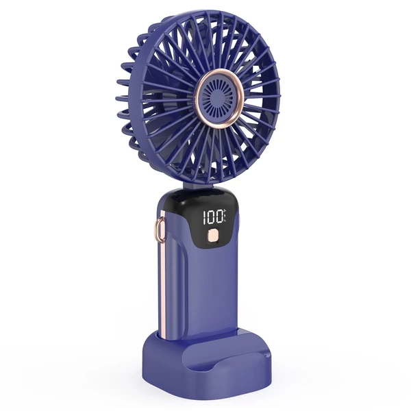 Hordozható mini kézi elektromos ventilátor LED képernyővel, összecsukható fogantyúval, levehető fedéllel - Kék