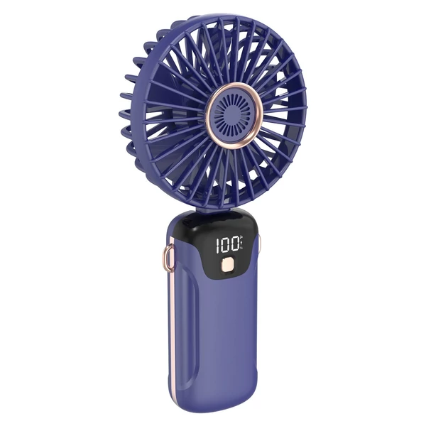 Hordozható mini kézi elektromos ventilátor LED képernyővel, összecsukható fogantyúval, levehető fedéllel - Kék