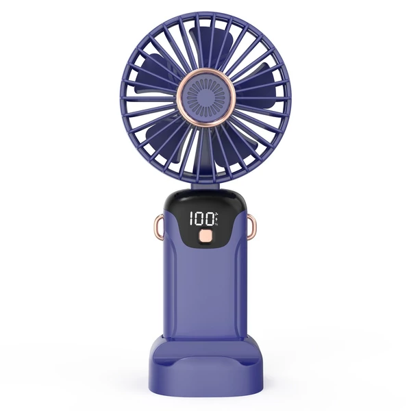 Hordozható mini kézi elektromos ventilátor LED képernyővel, összecsukható fogantyúval, levehető fedéllel - Kék