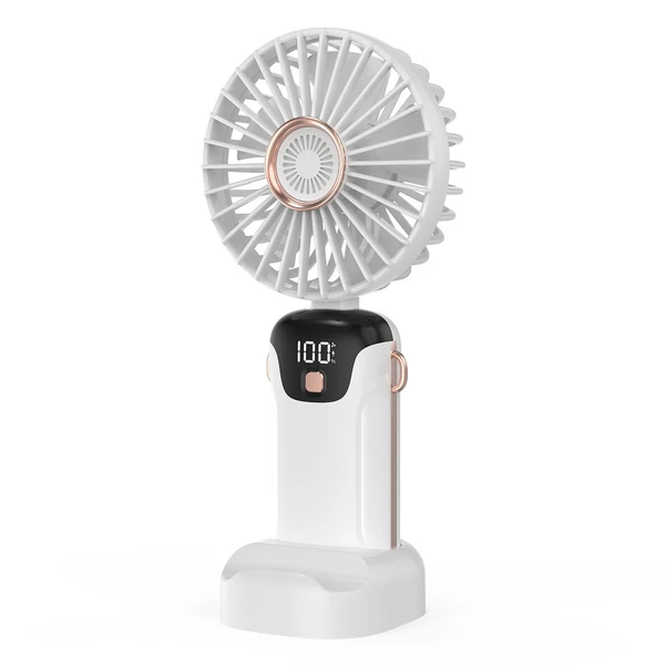 Hordozható mini kézi elektromos ventilátor LED képernyővel, összecsukható fogantyúval, levehető fedéllel - Fehér