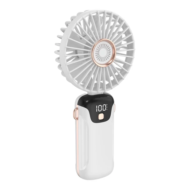 Hordozható mini kézi elektromos ventilátor LED képernyővel, összecsukható fogantyúval, levehető fedéllel - Fehér