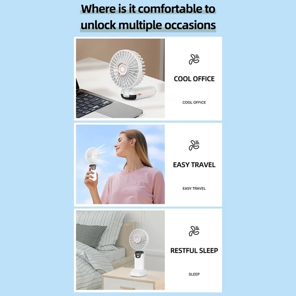 Hordozható mini kézi elektromos ventilátor LED képernyővel, összecsukható fogantyúval, levehető fedéllel - Fehér