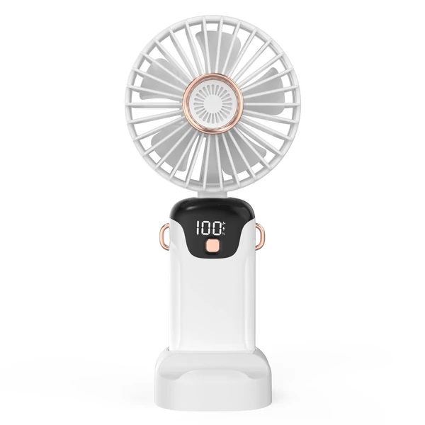 Hordozható mini kézi elektromos ventilátor LED képernyővel, összecsukható fogantyúval, levehető fedéllel - Fehér