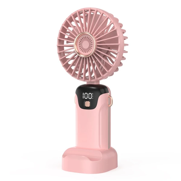 Hordozható mini kézi elektromos ventilátor LED képernyővel, összecsukható fogantyúval, levehető fedéllel - Pink