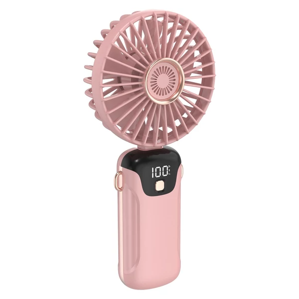 Hordozható mini kézi elektromos ventilátor LED képernyővel, összecsukható fogantyúval, levehető fedéllel - Pink