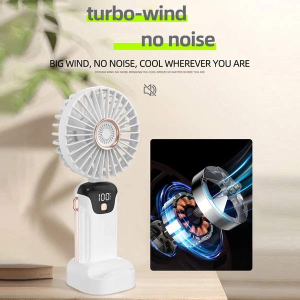 Hordozható mini kézi elektromos ventilátor LED képernyővel, összecsukható fogantyúval, levehető fedéllel - Pink