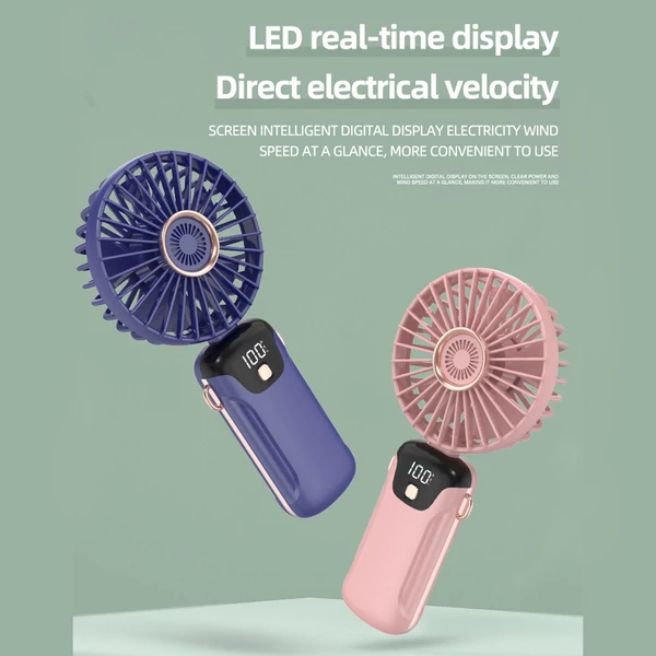 Hordozható mini kézi elektromos ventilátor LED képernyővel, összecsukható fogantyúval, levehető fedéllel - Pink