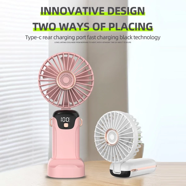 Hordozható mini kézi elektromos ventilátor LED képernyővel, összecsukható fogantyúval, levehető fedéllel - Pink