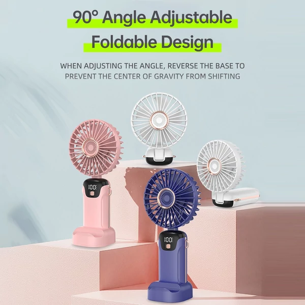 Hordozható mini kézi elektromos ventilátor LED képernyővel, összecsukható fogantyúval, levehető fedéllel - Pink