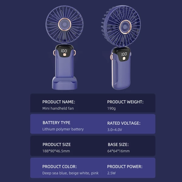 Hordozható mini kézi elektromos ventilátor LED képernyővel, összecsukható fogantyúval, levehető fedéllel - Pink