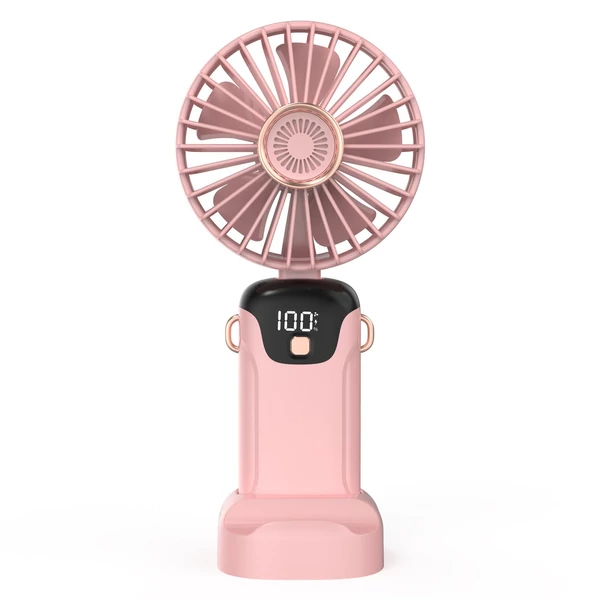 Hordozható mini kézi elektromos ventilátor LED képernyővel, összecsukható fogantyúval, levehető fedéllel - Pink