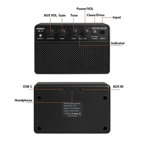 KOKKO KG-10 10W kis elektromos gitárerősítő mini hordozható gitárgyakorló hangszóró