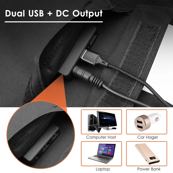 KKmoon napelemes összecsukható táska, kettős USB+DC kimenetű napelemes töltő - 40 W (5 részes)