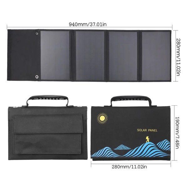 KKmoon napelemes összecsukható táska, kettős USB+DC kimenetű napelemes töltő - 40 W (5 részes)