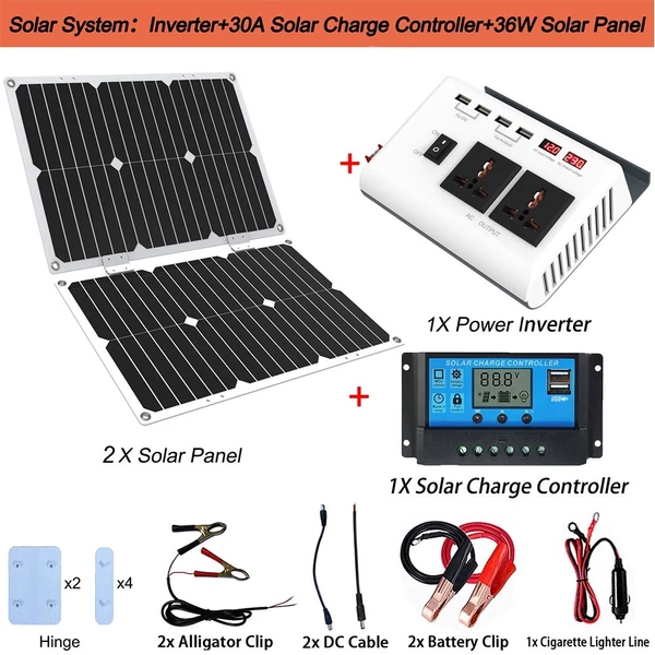 300 W teljesítmény inverter, DC 12 V-ról AC 220 V-ra, módosított szinuszos inverter 36 W-os napelemmel és 30 A napelemes töltésvezérlővel