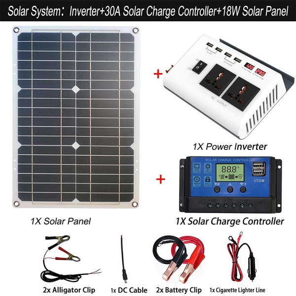 300 W teljesítmény inverter, DC 12 V-ról AC 220 V-ra, módosított szinuszos inverter 18 W-os napelemmel és 30 A napelemes töltésvezérlővel