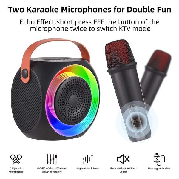 L2 Mini karaoke gép, vezeték nélküli mikrofon és hangszóró készlet 2 mikrofonnal, színes LED világítás - Fekete