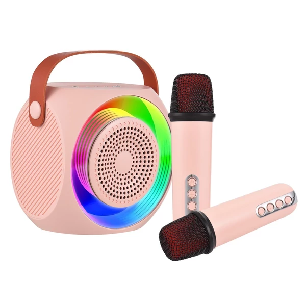 L2 Mini karaoke gép, vezeték nélküli mikrofon és hangszóró készlet 2 mikrofonnal, színes LED világítás - Pink