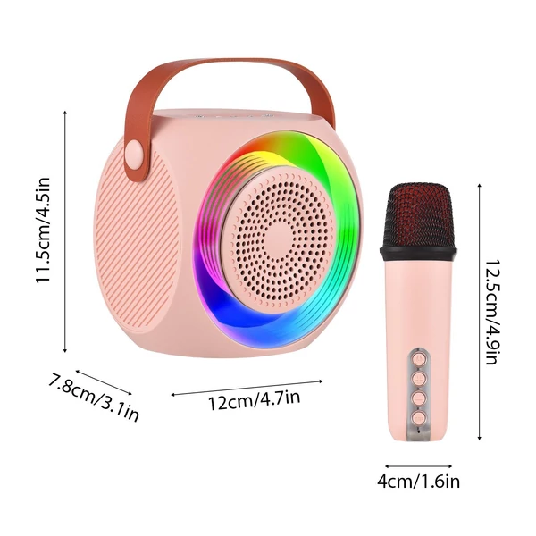 L2 Mini karaoke gép, vezeték nélküli mikrofon és hangszóró készlet 2 mikrofonnal, színes LED világítás - Pink