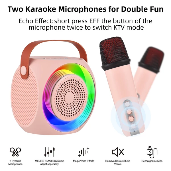 L2 Mini karaoke gép, vezeték nélküli mikrofon és hangszóró készlet 2 mikrofonnal, színes LED világítás - Pink