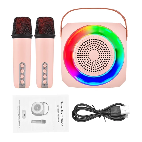 L2 Mini karaoke gép, vezeték nélküli mikrofon és hangszóró készlet 2 mikrofonnal, színes LED világítás - Pink