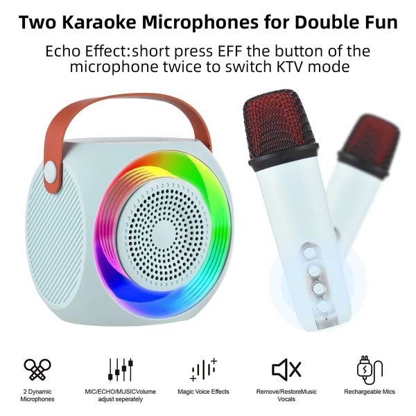 L2 Mini karaoke gép, vezeték nélküli mikrofon és hangszóró készlet 2 mikrofonnal, színes LED világítás - Kék