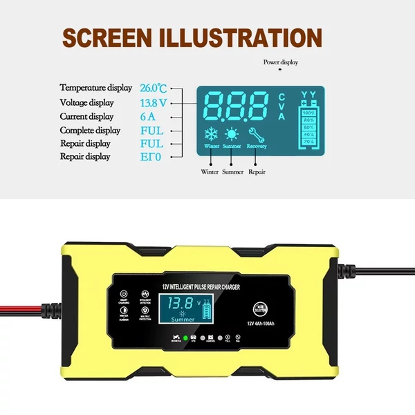 12V / 6A automatikus intelligens akkumulátortöltő karbantartó LCD kijelzővel