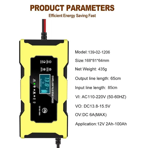 12V / 6A automatikus intelligens akkumulátortöltő karbantartó LCD kijelzővel