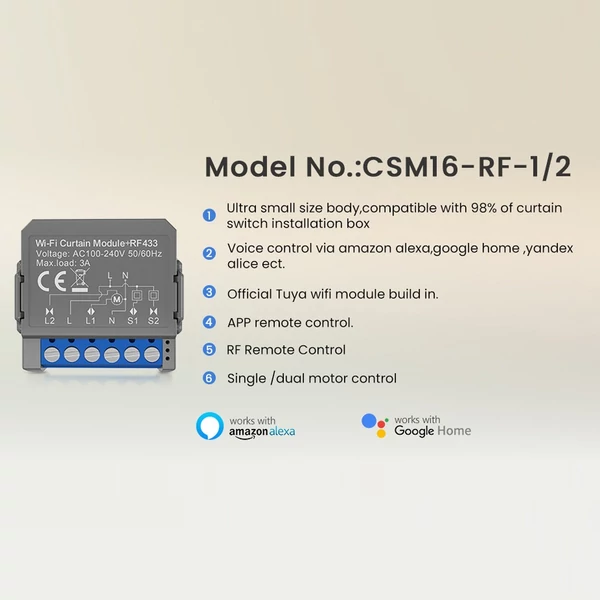 Tuya WiFi intelligens függönykapcsoló modul, kompakt otthoni időzítés vezérlő hangvezérlés