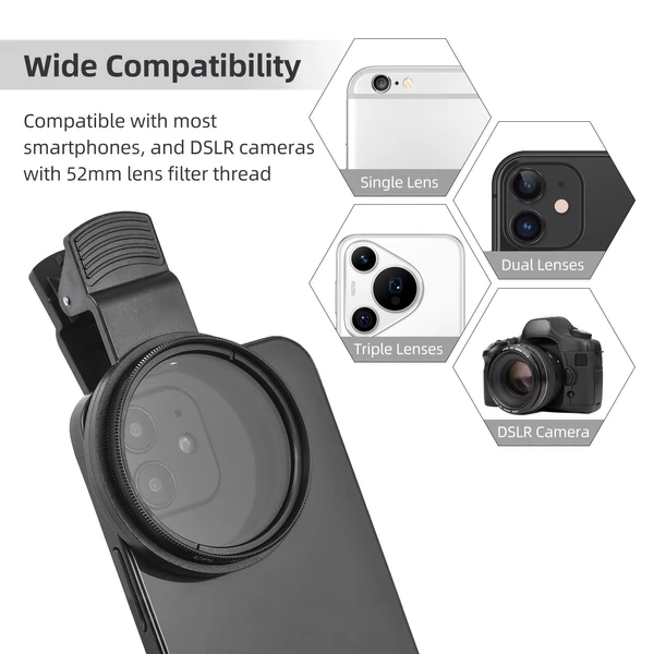 52 mm-es CPL szűrő telefon kamera lencséjéhez, rácsatolható polarizátor szűrő telefonlencse klip cserével