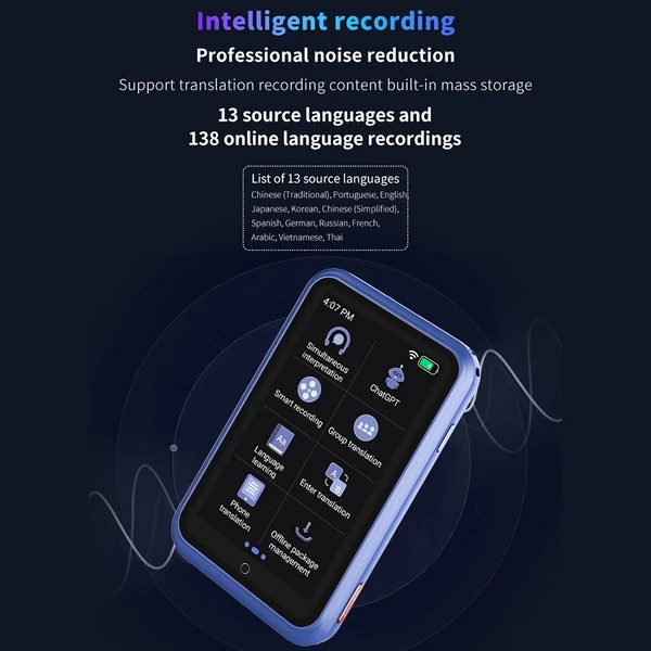 Hordozható 4G nyelvi fordítóeszköz 138 nyelvű hangfordítással, 19 offline fordítási szimultán tolmácsolással